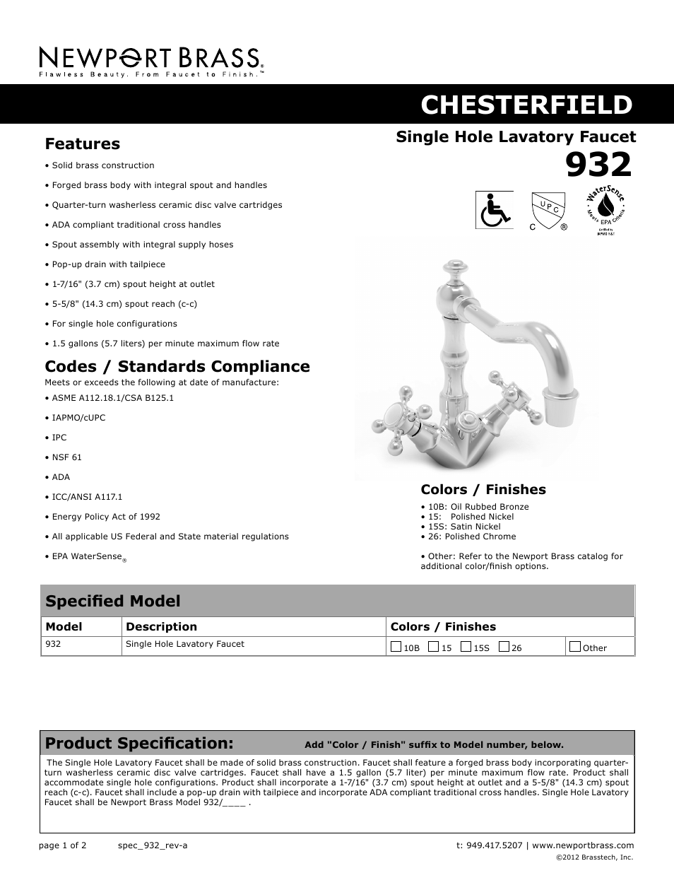 Newport Brass 932 Chesterfield User Manual | 2 pages