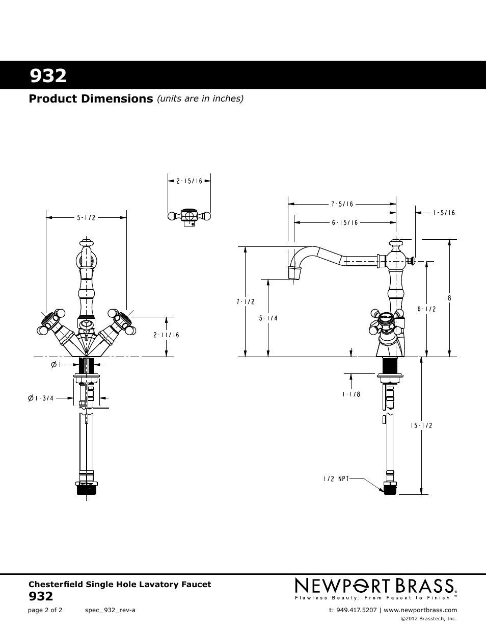 Product dimensions | Newport Brass 932 Chesterfield User Manual | Page 2 / 2