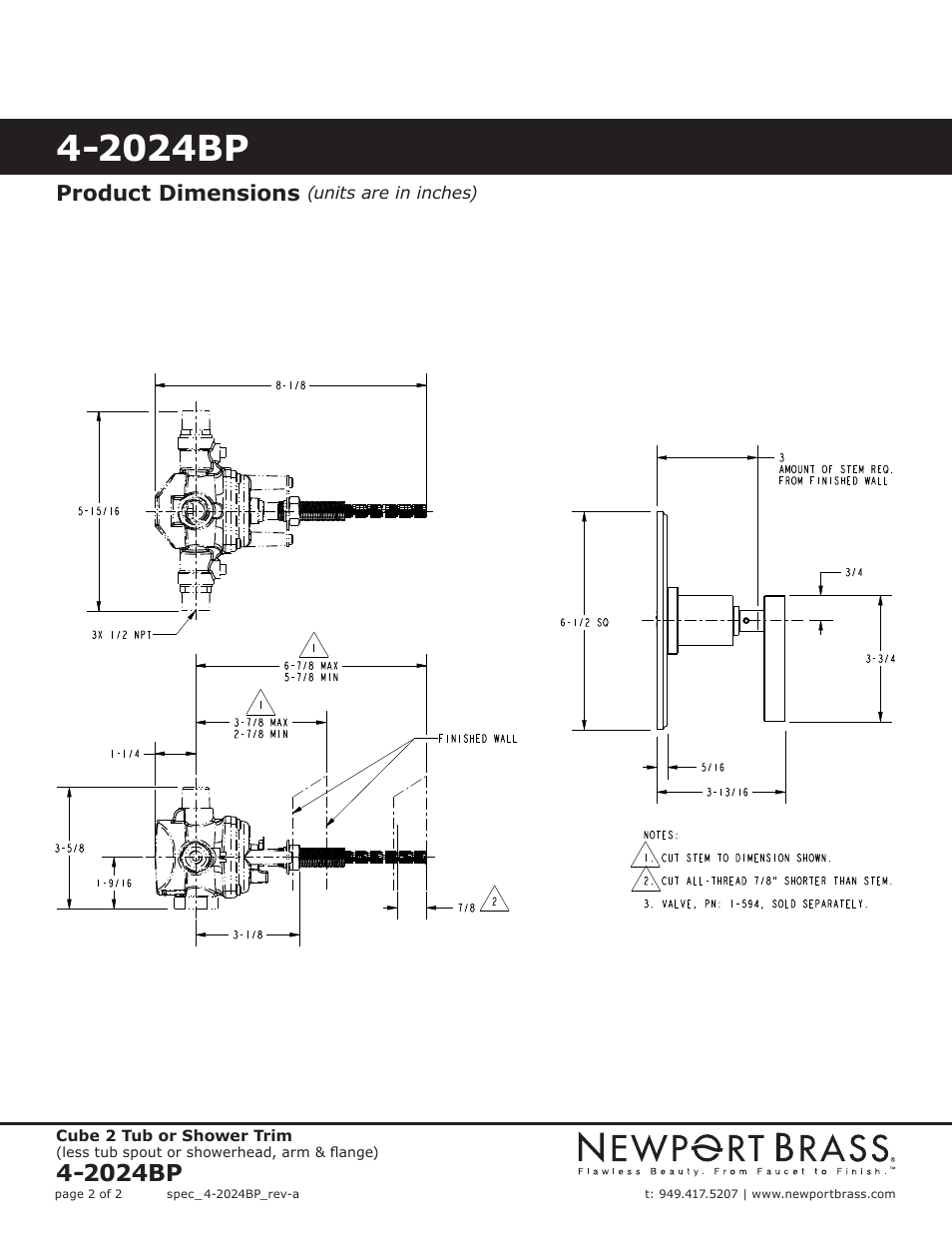 2024bp, Product dimensions | Newport Brass 3-220H Cube 2 User Manual | Page 2 / 2