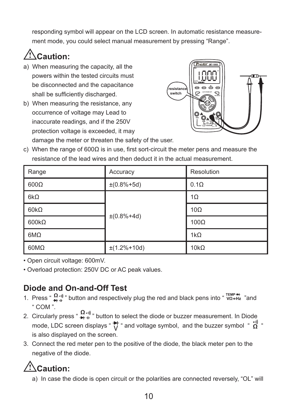 Caution, Diode and on-and-off test, Press | And “ com ”. 2. circularly press, And voltage symbol, and the buzzer symbol | Prokit's Industries MT-1860 User Manual | Page 11 / 28