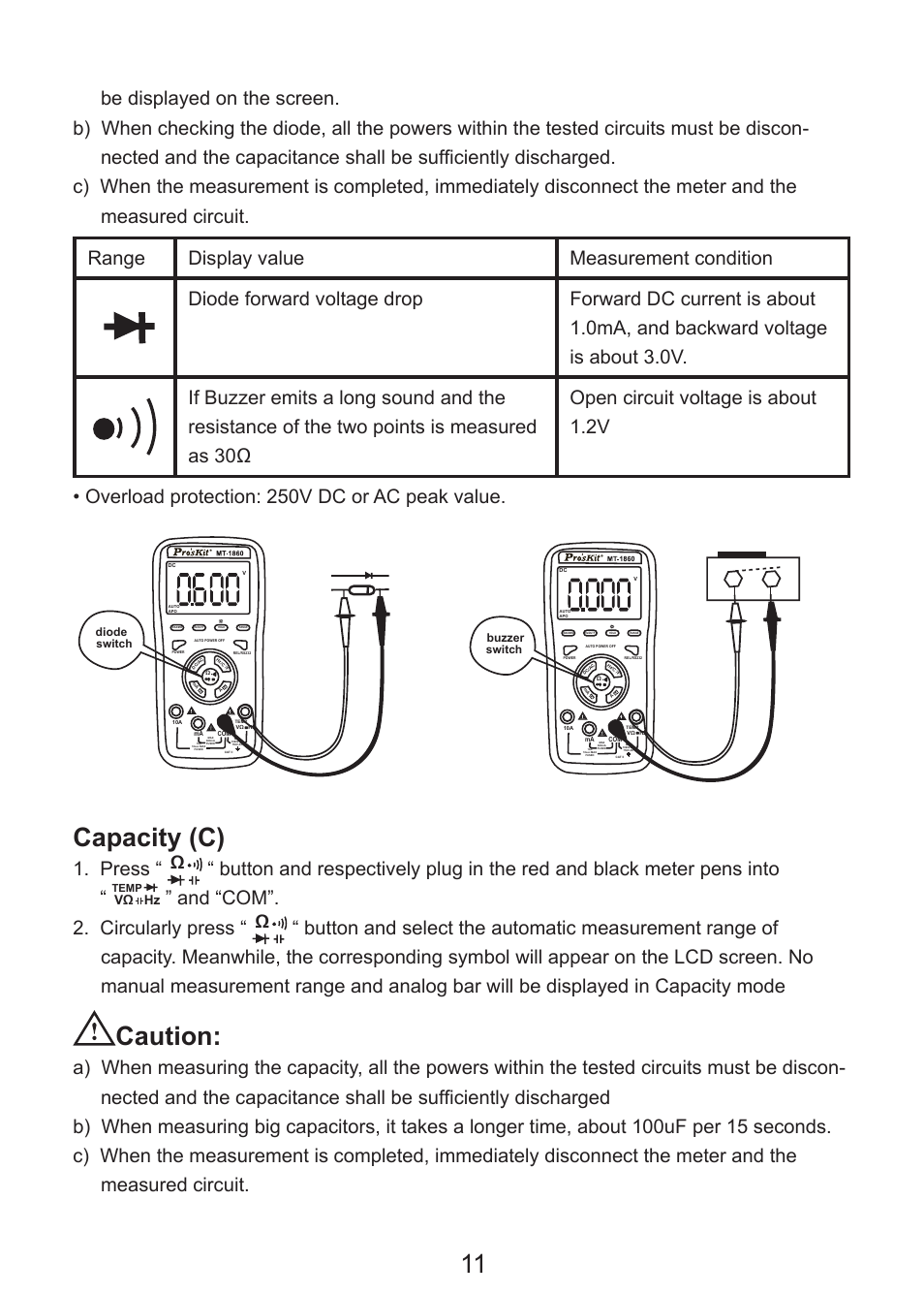 Capacity (c), Caution, Press | And “com”. 2. circularly press, Vω hz | Prokit's Industries MT-1860 User Manual | Page 12 / 28