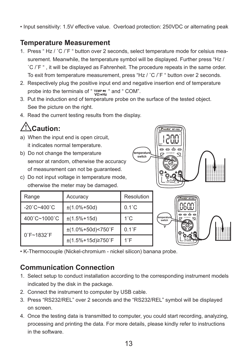 Temperature measurement, Caution, Communication connection | Prokit's Industries MT-1860 User Manual | Page 14 / 28