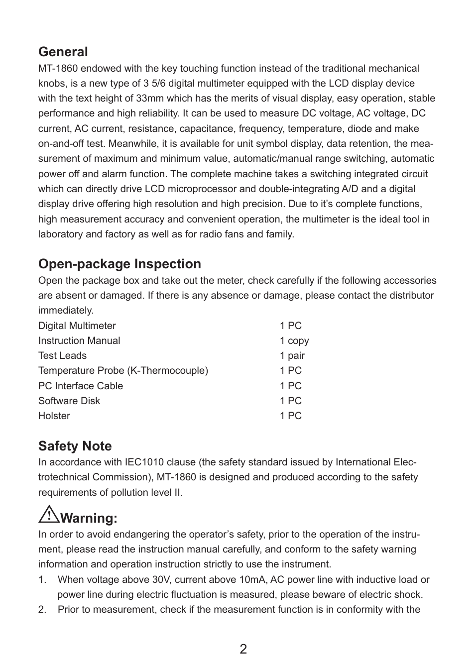 2general, Open-package inspection, Warning | Prokit's Industries MT-1860 User Manual | Page 3 / 28