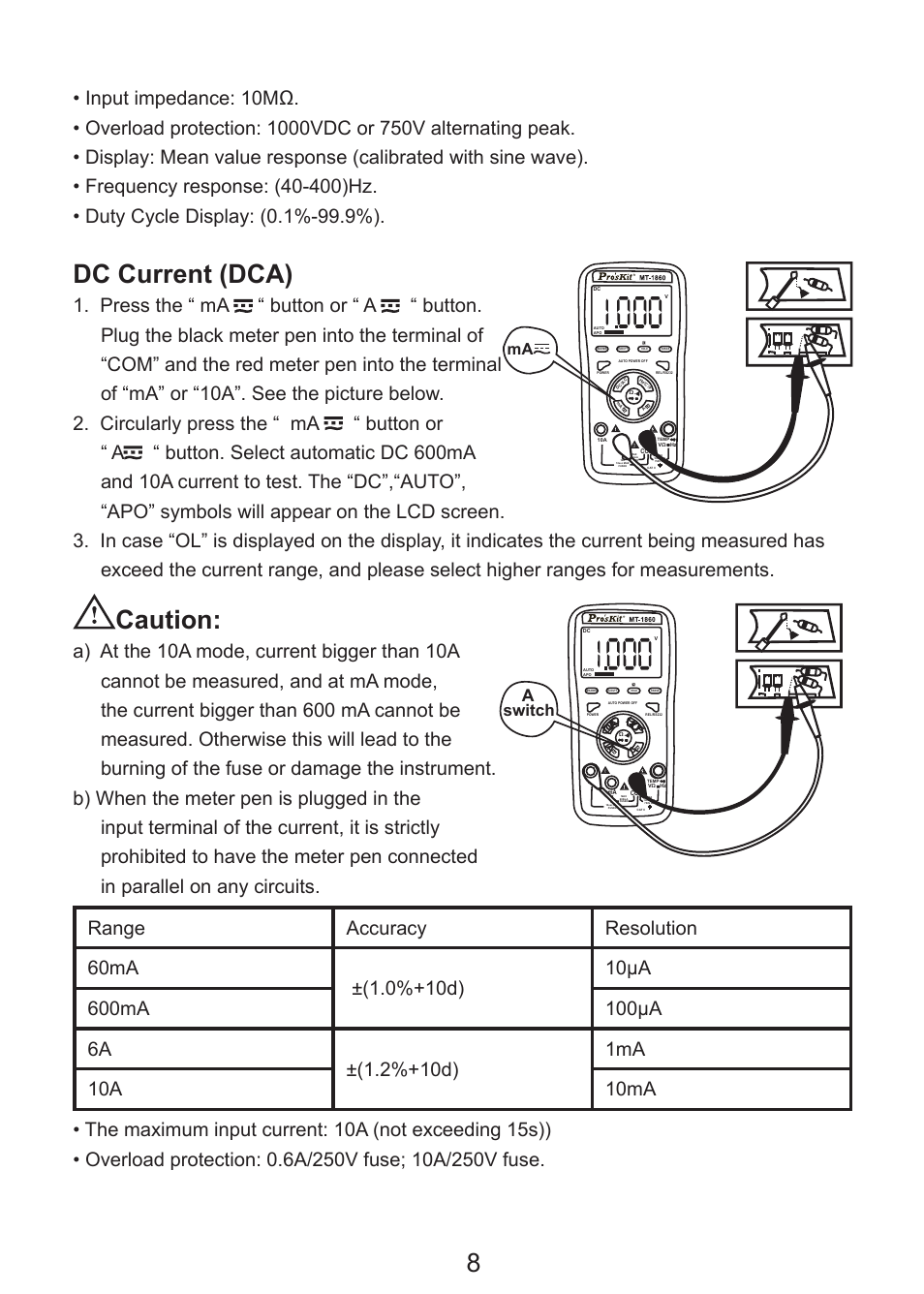 Dc current (dca), Caution, Aswitch | Prokit's Industries MT-1860 User Manual | Page 9 / 28