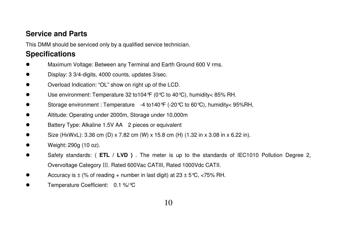 Service and parts, Specifications | Prokit's Industries MT-1503 User Manual | Page 11 / 16