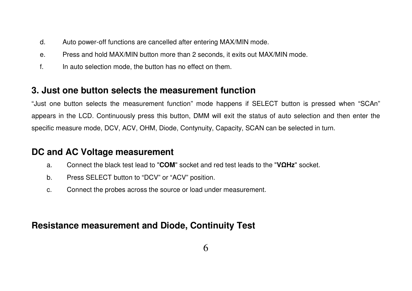 Just one button selects the measurement function, Dc and ac voltage measurement, Resistance measurement and diode, continuity test | Prokit's Industries MT-1503 User Manual | Page 7 / 16