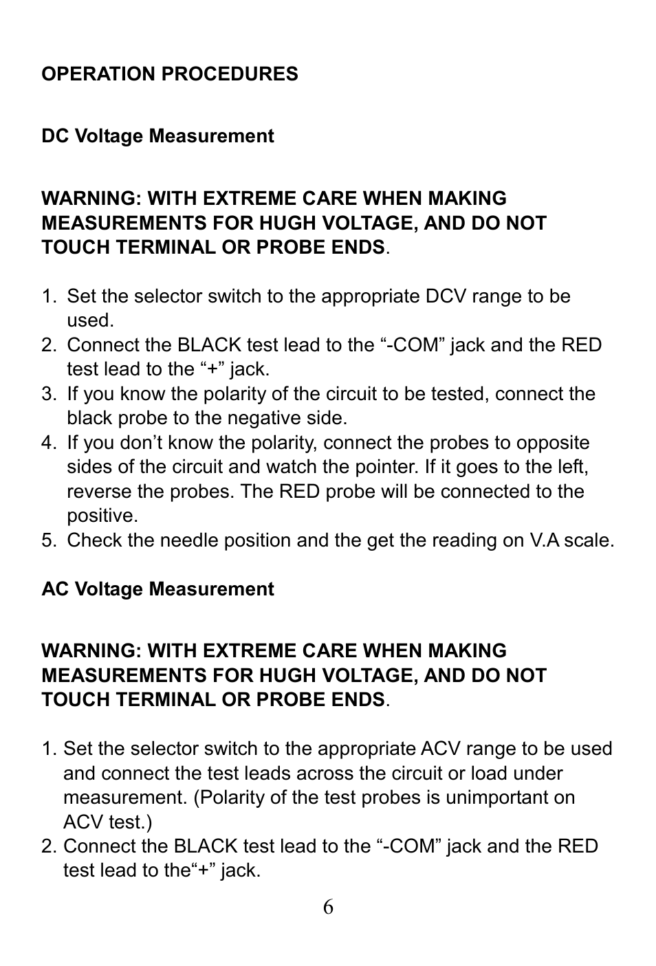 Operation procedures, Dc voltage measurement, Ac voltage measurement | Prokit's Industries MT-2018 User Manual | Page 7 / 24