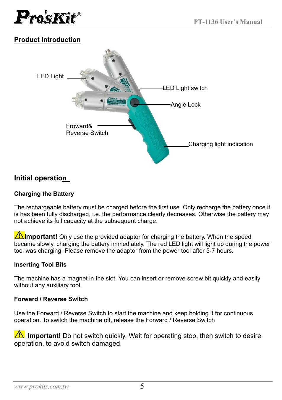 Charging the battery, Inserting tool bits | Prokit's Industries PT-1136 User Manual | Page 6 / 12