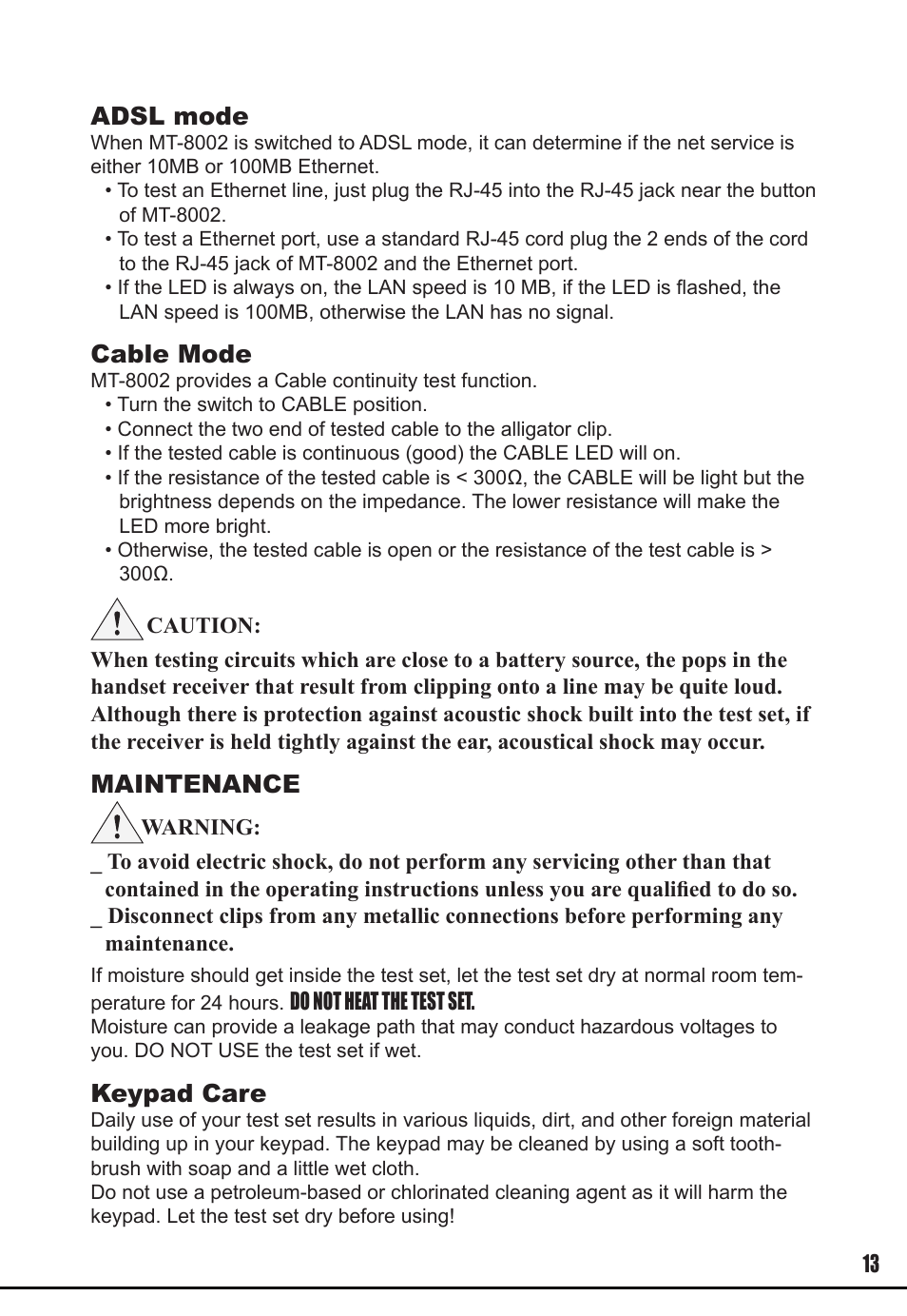 Adsl mode, Cable mode, Maintenance | Keypad care | Prokit's Industries MT-8002 User Manual | Page 13 / 28