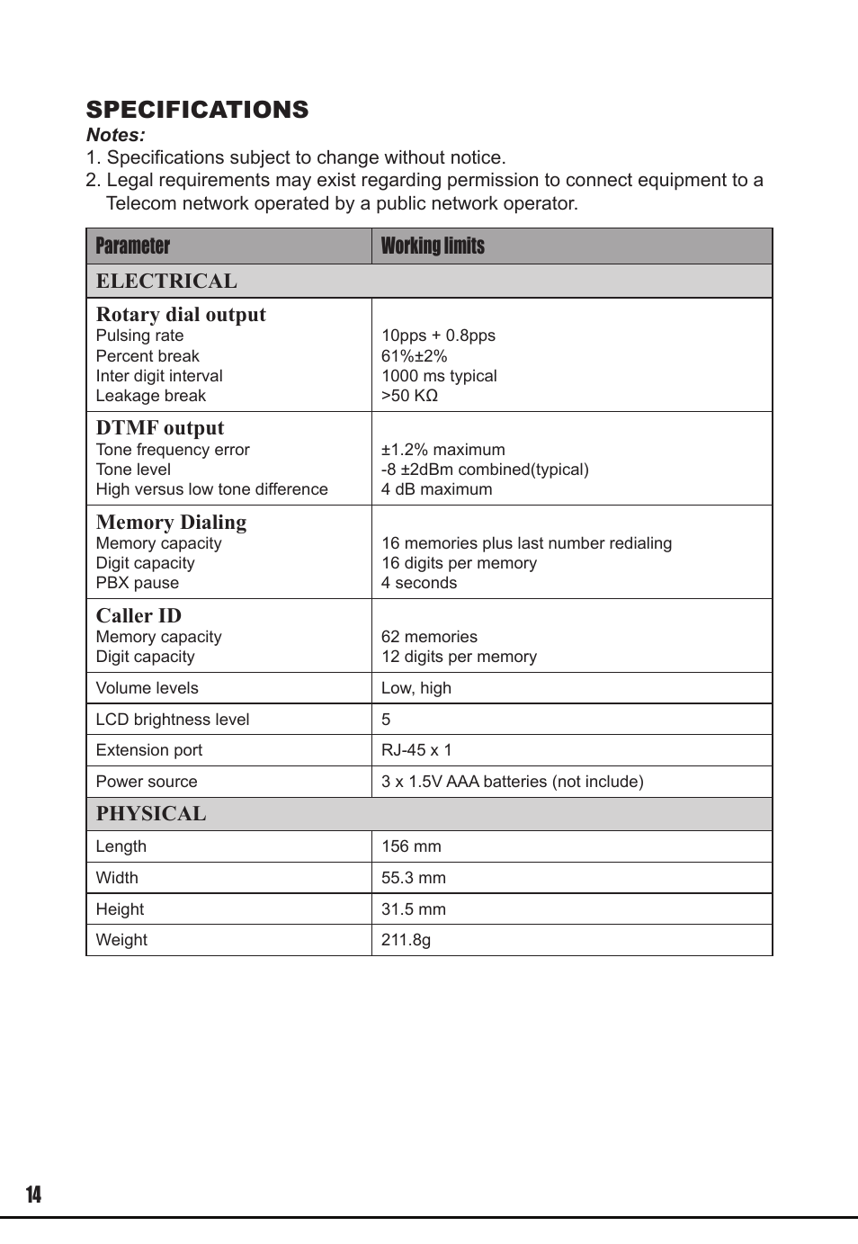 Specifications, Dtmf output, Caller id | Physical | Prokit's Industries MT-8002 User Manual | Page 14 / 28