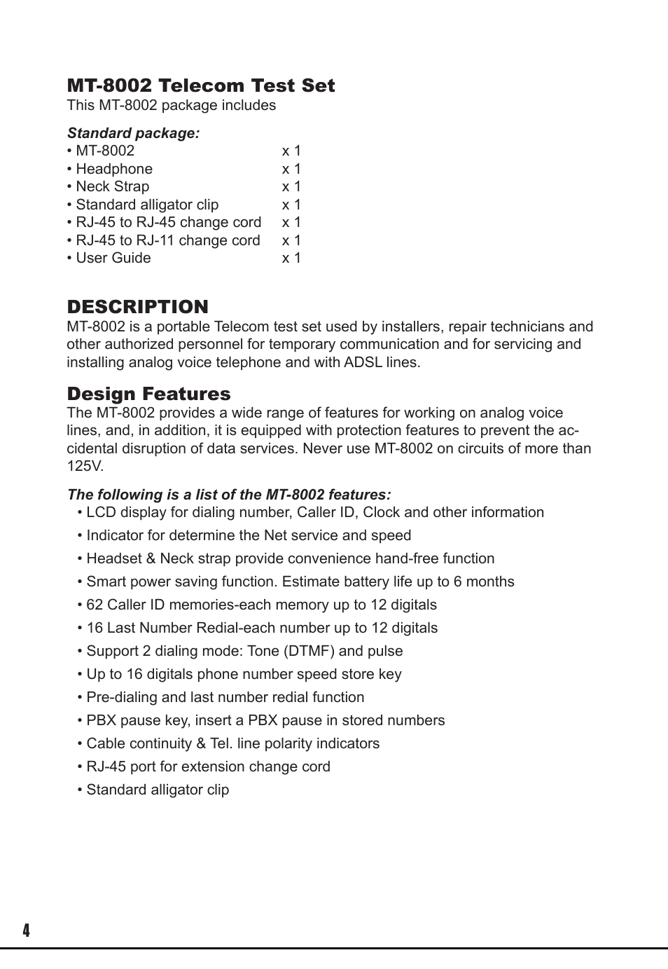 Mt-8002 telecom test set, Description, Design features | Prokit's Industries MT-8002 User Manual | Page 4 / 28