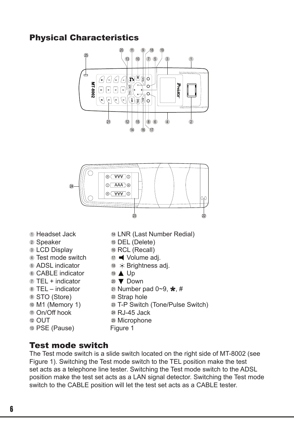 Physical characteristics, Test mode switch | Prokit's Industries MT-8002 User Manual | Page 6 / 28