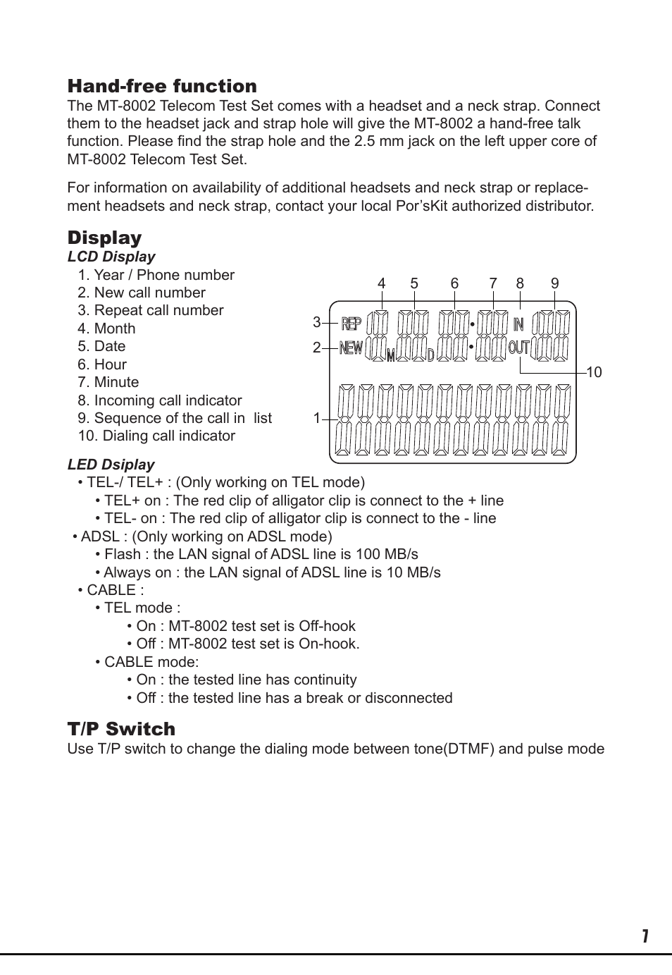 Hand-free function, Display, T/p switch | Prokit's Industries MT-8002 User Manual | Page 7 / 28