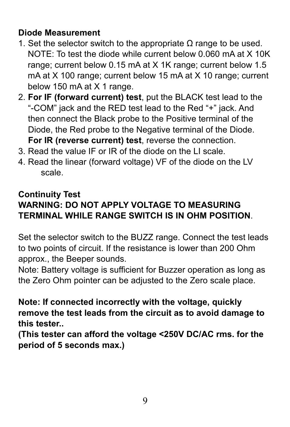 Diode measurement, Continuity test | Prokit's Industries MT-2017 User Manual | Page 10 / 24