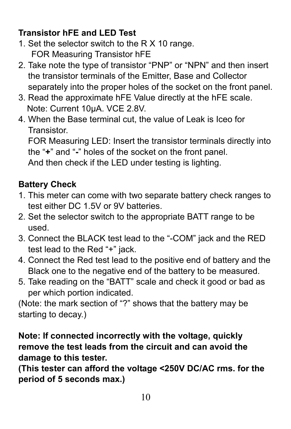 Transistor hfe and led test, Battery check | Prokit's Industries MT-2017 User Manual | Page 11 / 24