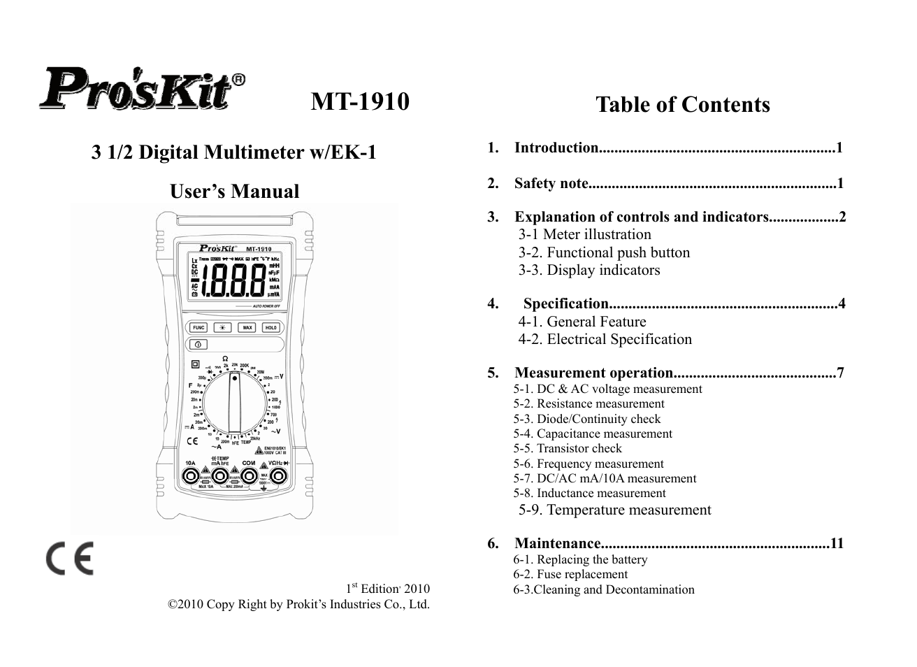 Prokit's Industries MT-1910 User Manual | 7 pages