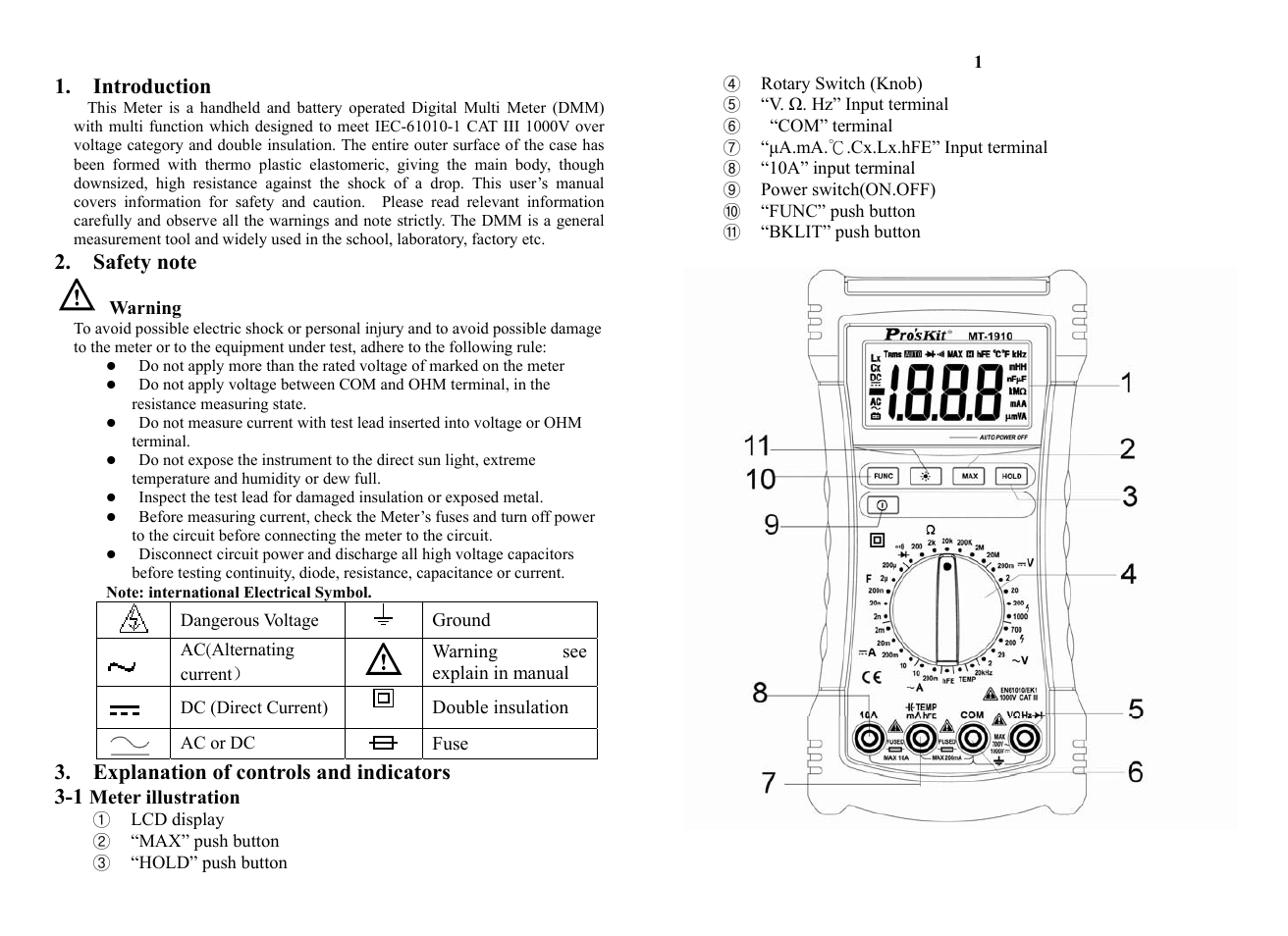 Introduction, Safety note, Explanation of controls and indicators | 1 meter illustration | Prokit's Industries MT-1910 User Manual | Page 2 / 7