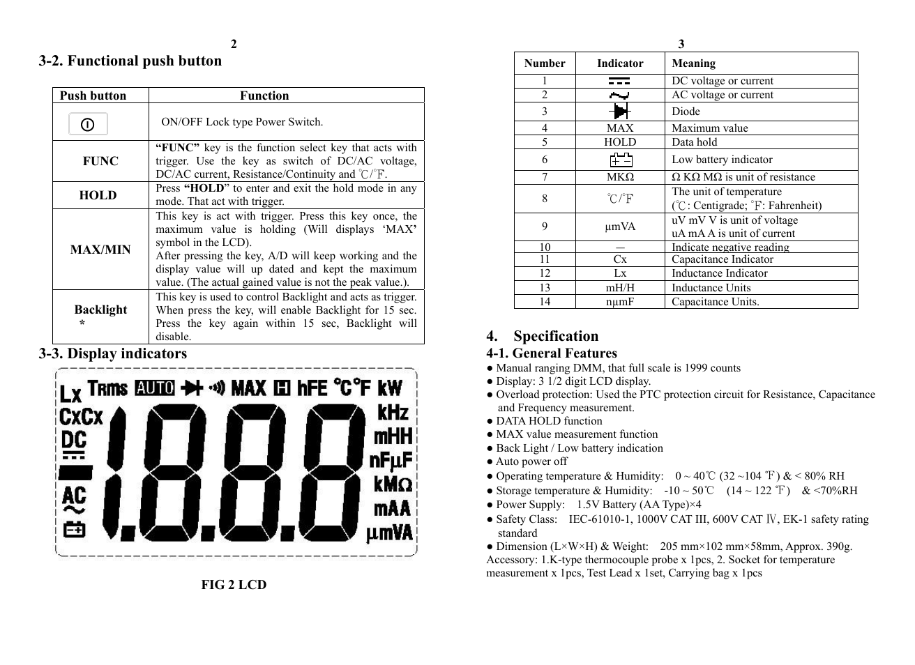 2. functional push button, 3. display indicators, Specification | 1. general features, 2. functional push button 3-3. display indicators, 1. general feature | Prokit's Industries MT-1910 User Manual | Page 3 / 7