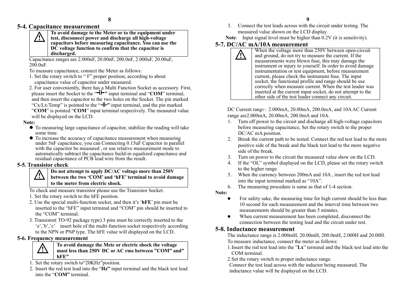 4. capacitance measurement, 5. transistor check, 6. frequency measurement | 7. dc/ac ma/10a measurement, 8. inductance measurement | Prokit's Industries MT-1910 User Manual | Page 6 / 7