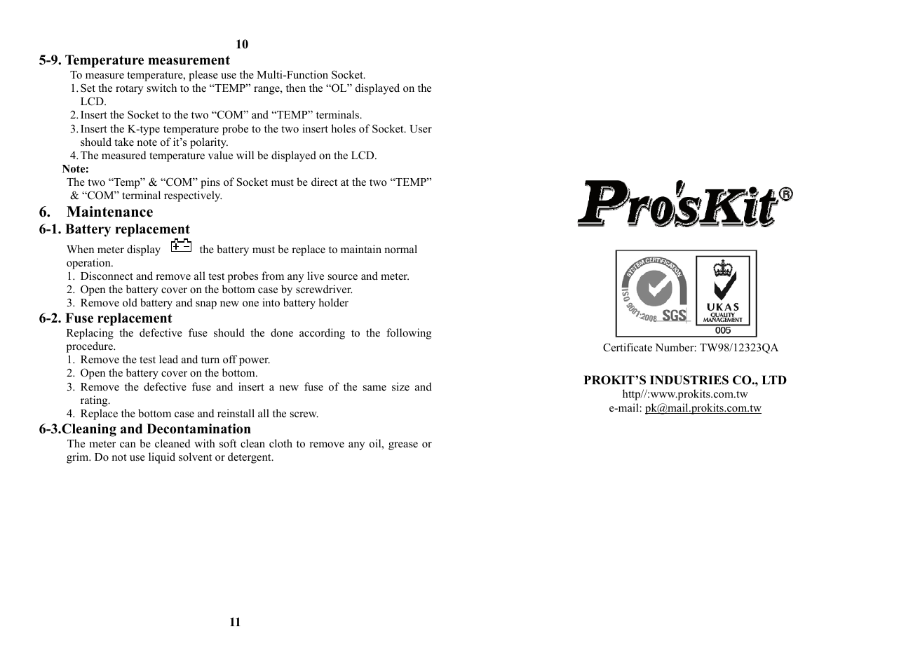 9. temperature measurement, Maintenance, 1. battery replacement | 2. fuse replacement, 3.cleaning and decontamination | Prokit's Industries MT-1910 User Manual | Page 7 / 7