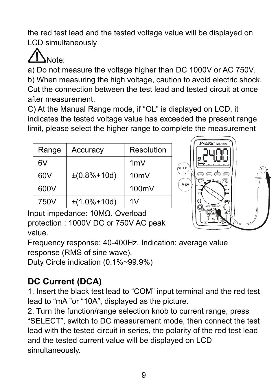 Dc current (dca) | Prokit's Industries MT-1820 User Manual | Page 10 / 44