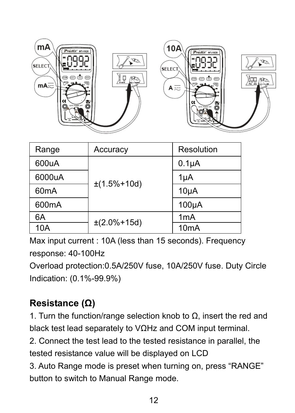 Resistance (ω) | Prokit's Industries MT-1820 User Manual | Page 13 / 44