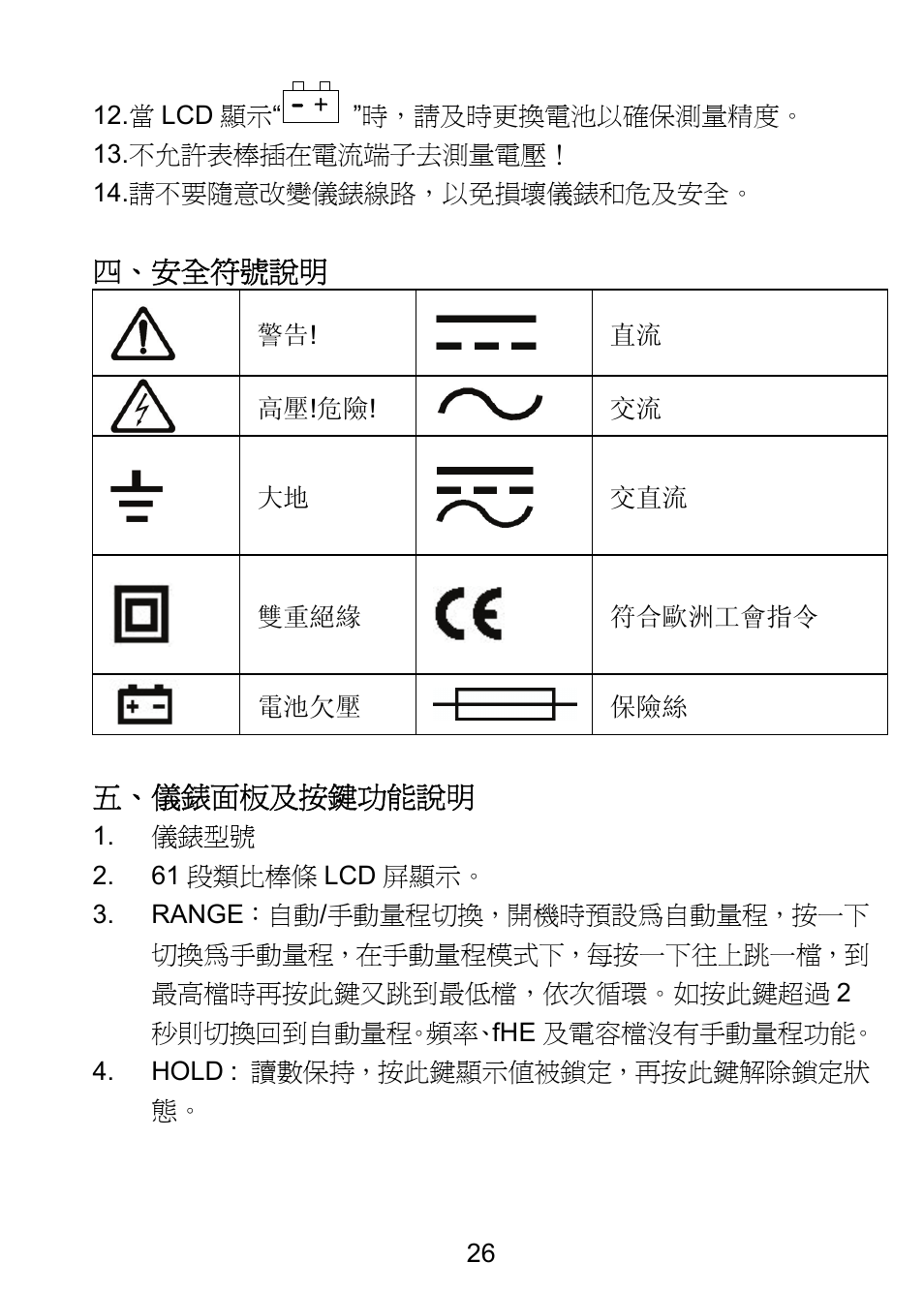 四、安全符號說明, 五、儀錶面板及按鍵功能說明 | Prokit's Industries MT-1820 User Manual | Page 27 / 44