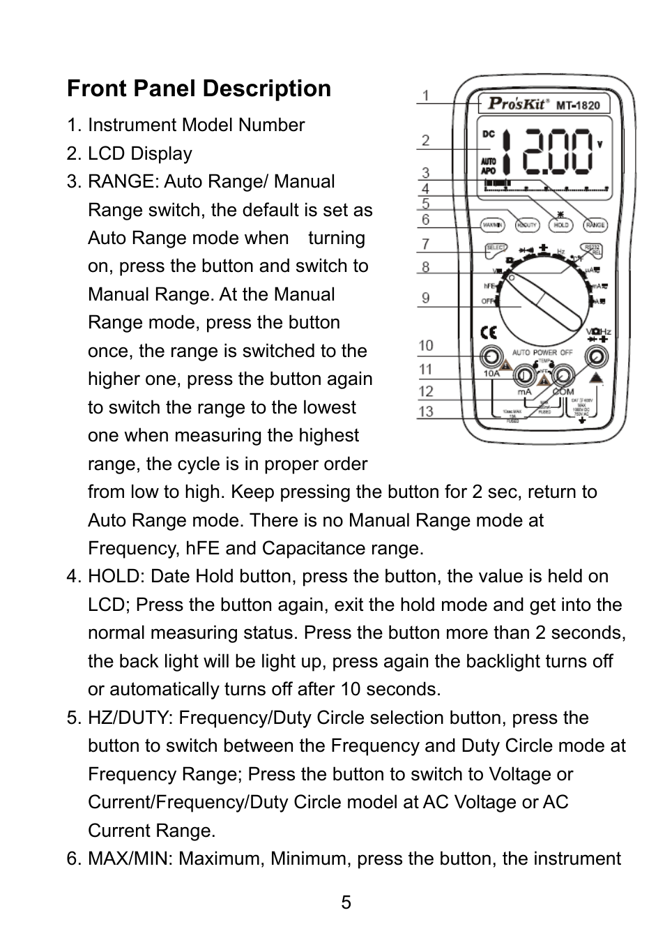 Front panel description | Prokit's Industries MT-1820 User Manual | Page 6 / 44