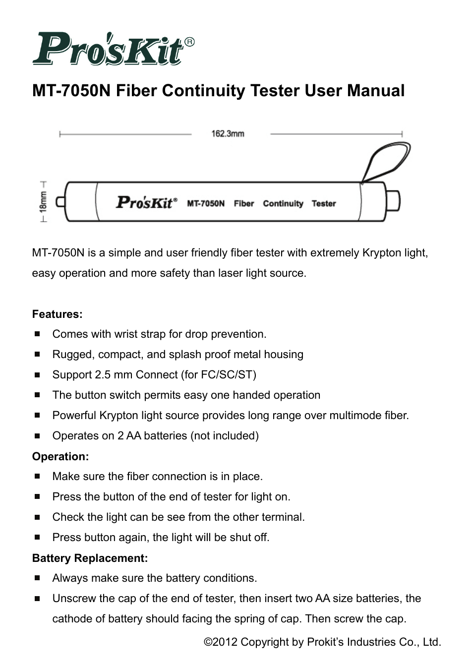 Prokit's Industries MT-7050N User Manual | 2 pages