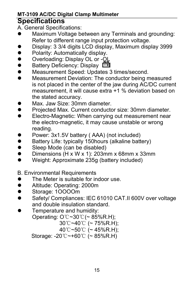 Specifications | Prokit's Industries MT-3109 User Manual | Page 16 / 36