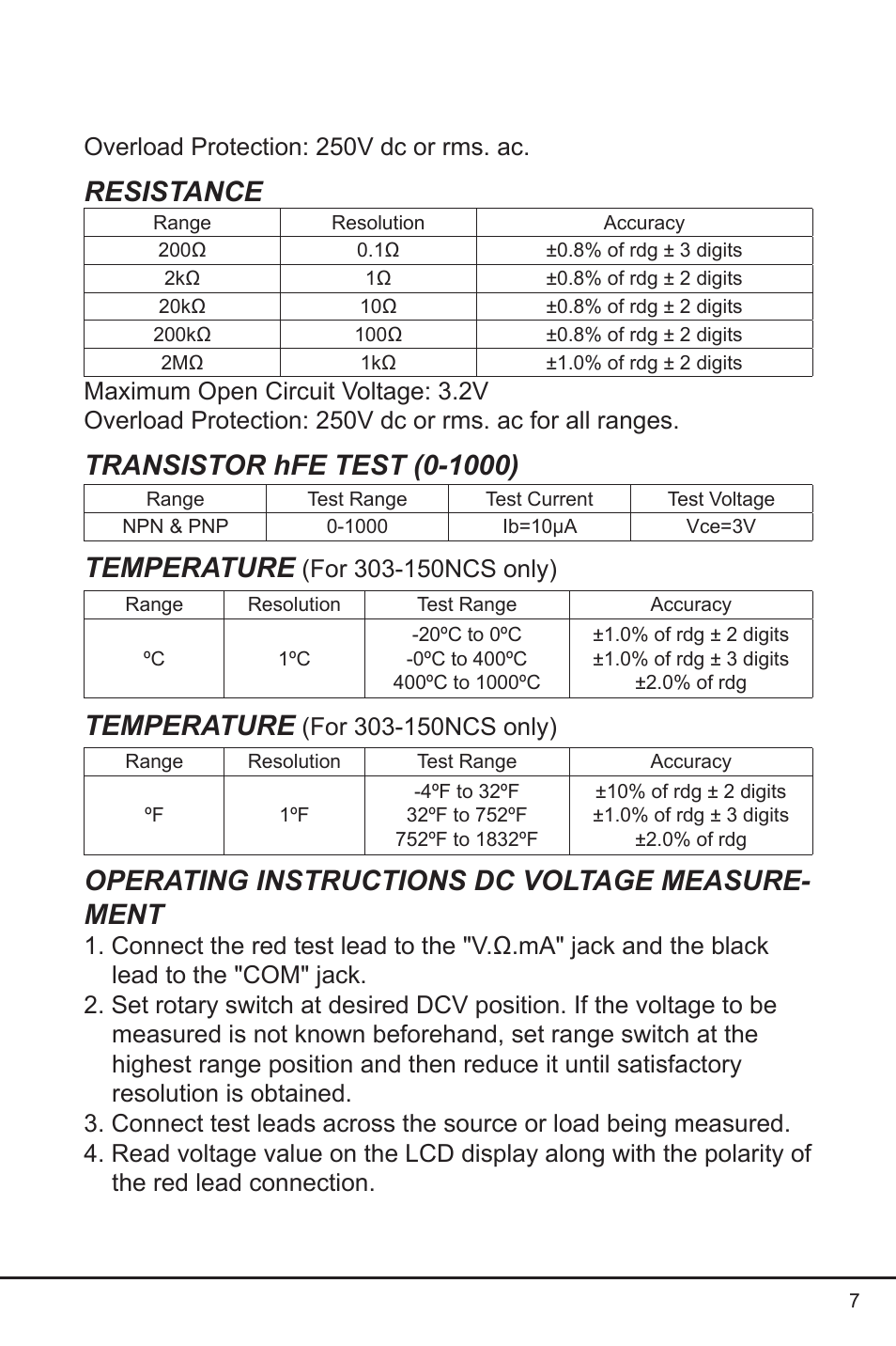 Resistance, Temperature, Operating instructions dc voltage measure- ment | Prokit's Industries 303-150NCS User Manual | Page 7 / 20