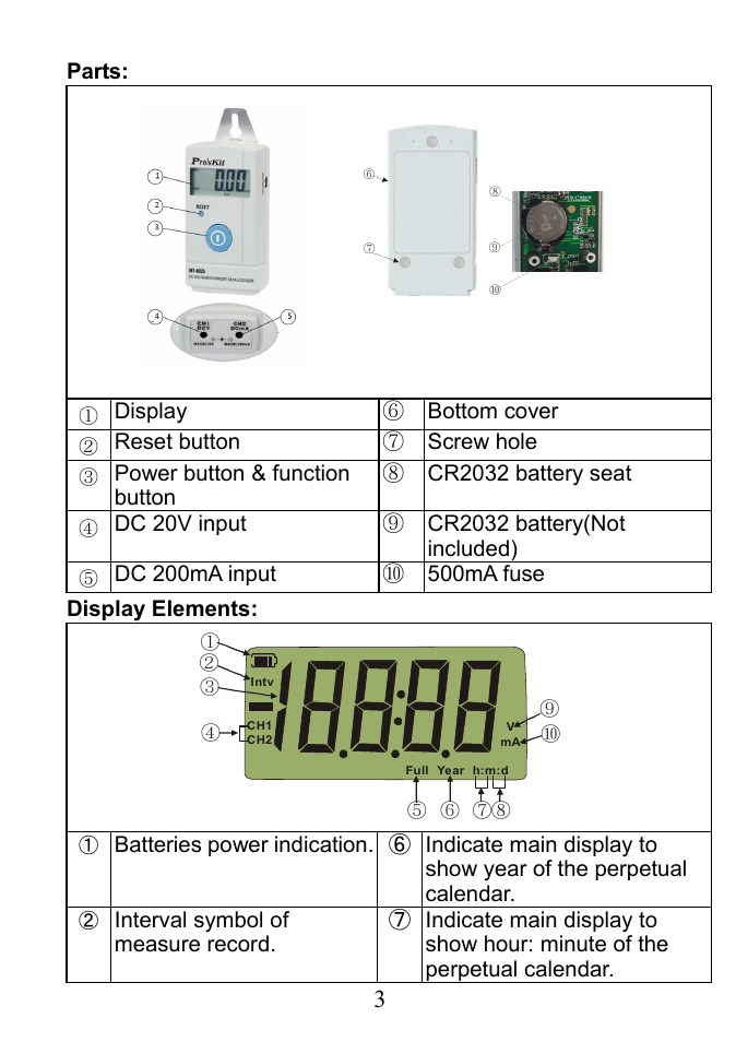 Bottom cover, Screw hole, Parts | Display ⑥ bottom cover, Reset button ⑦ screw hole | Prokit's Industries MT-4025 User Manual | Page 4 / 20