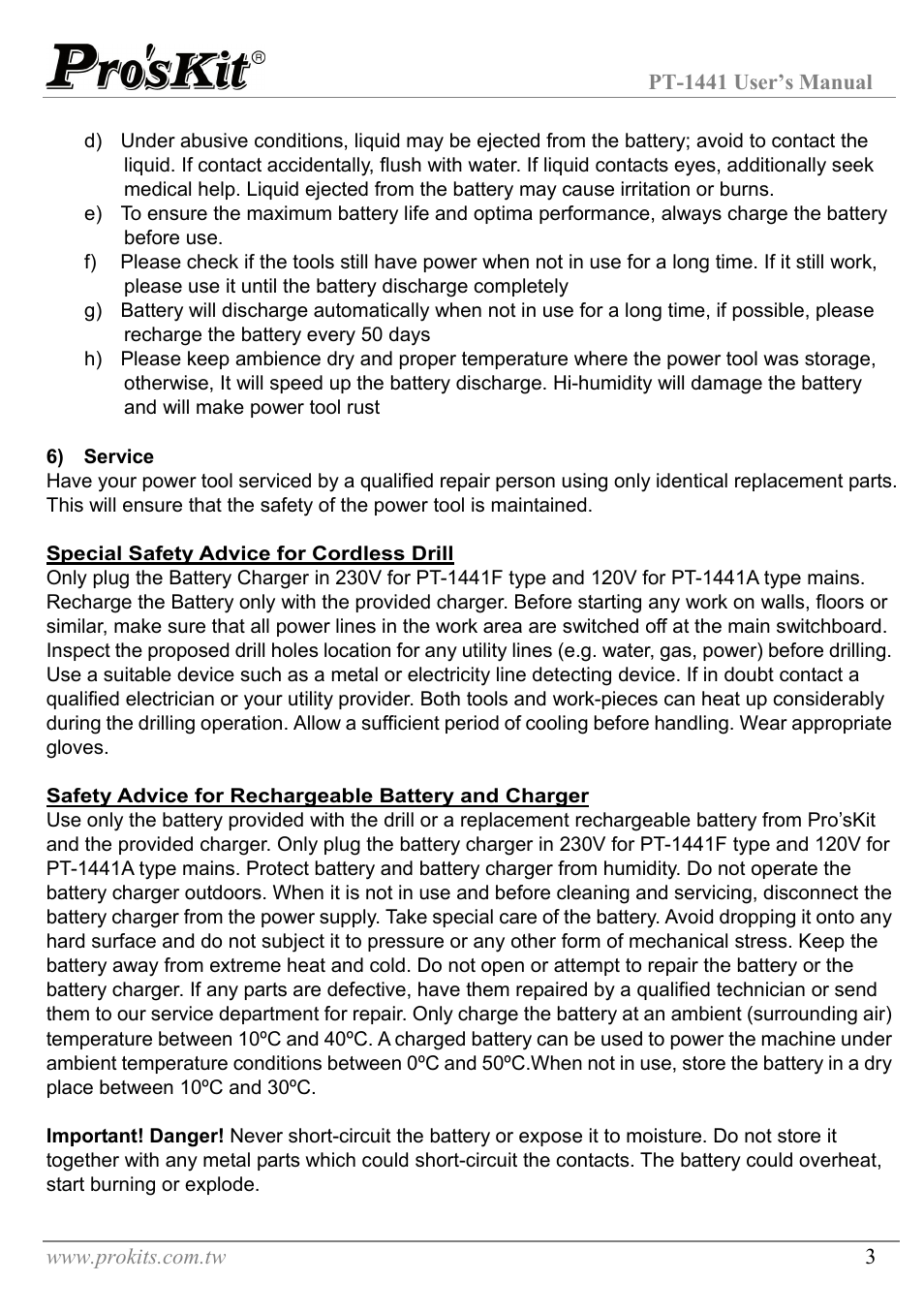 Special safety advice for cordless drill | Prokit's Industries PT-1441 User Manual | Page 4 / 16