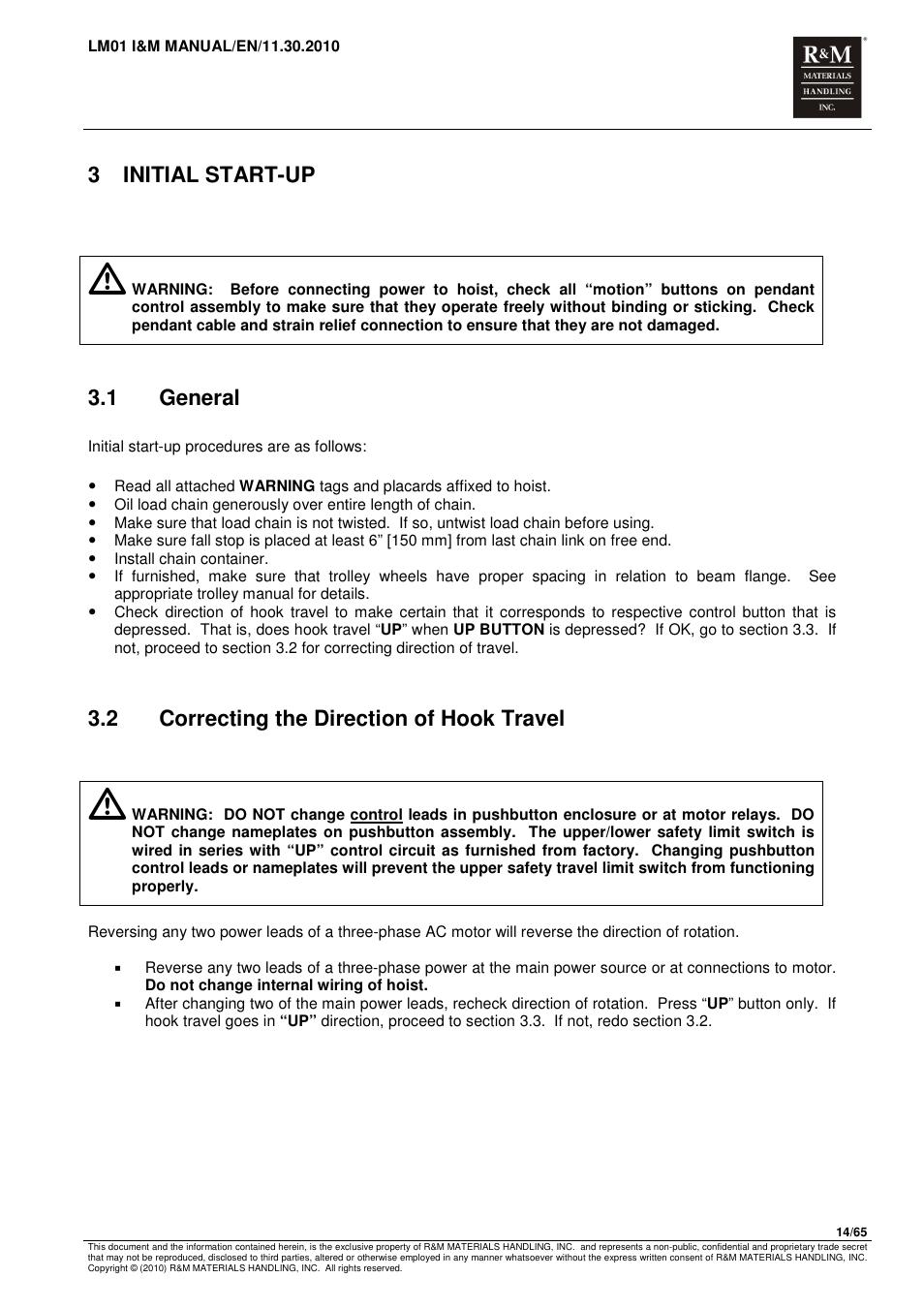 3 initial start-up, 1 general, 2 correcting the direction of hook travel | R&M Materials Handling ELECTRIC CHAIN HOISTS LoadMate Chain Hoist LM 1 User Manual | Page 14 / 65