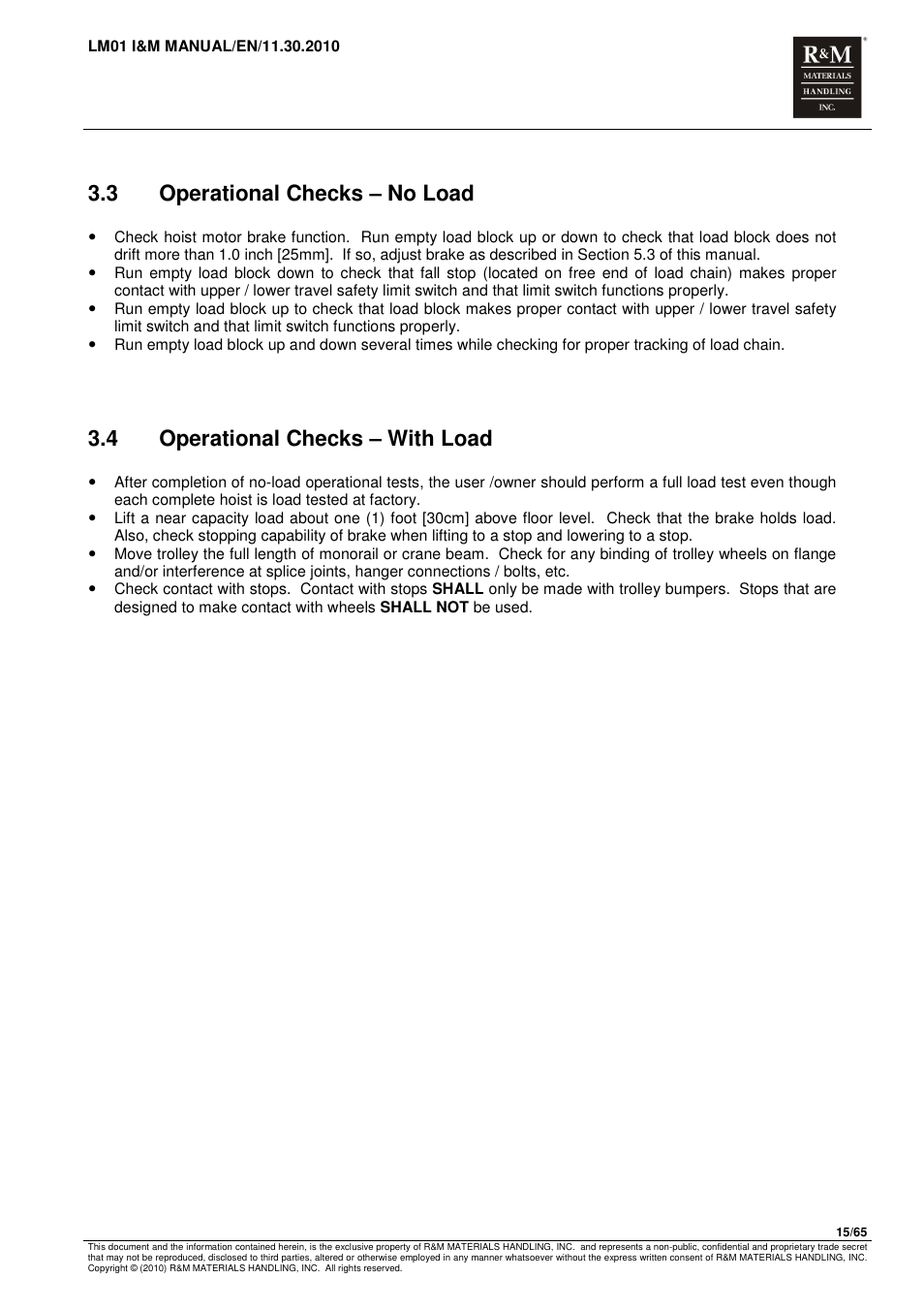 3 operational checks – no load, 4 operational checks – with load | R&M Materials Handling ELECTRIC CHAIN HOISTS LoadMate Chain Hoist LM 1 User Manual | Page 15 / 65