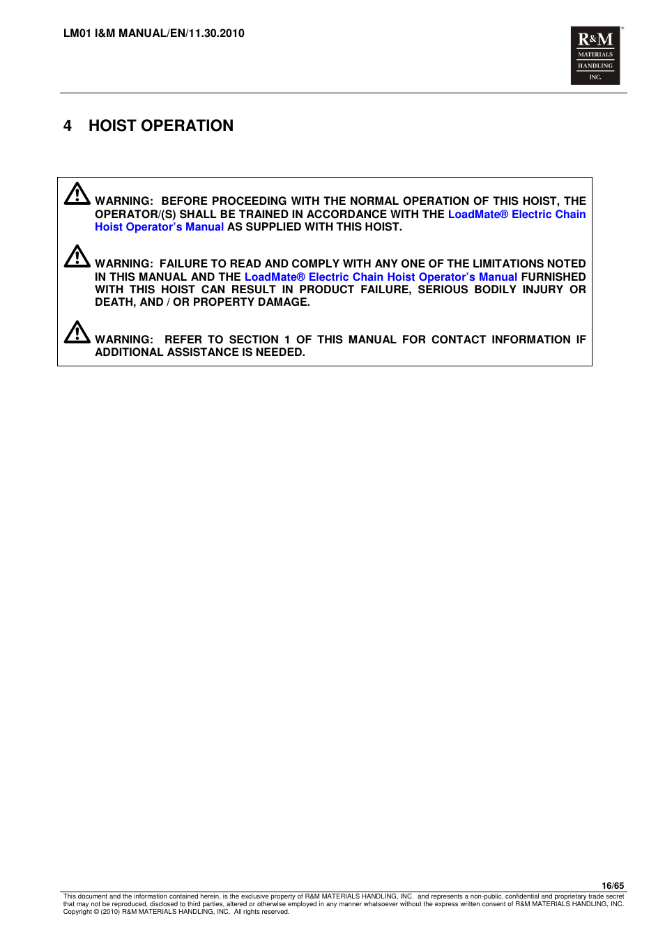 4 hoist operation | R&M Materials Handling ELECTRIC CHAIN HOISTS LoadMate Chain Hoist LM 1 User Manual | Page 16 / 65