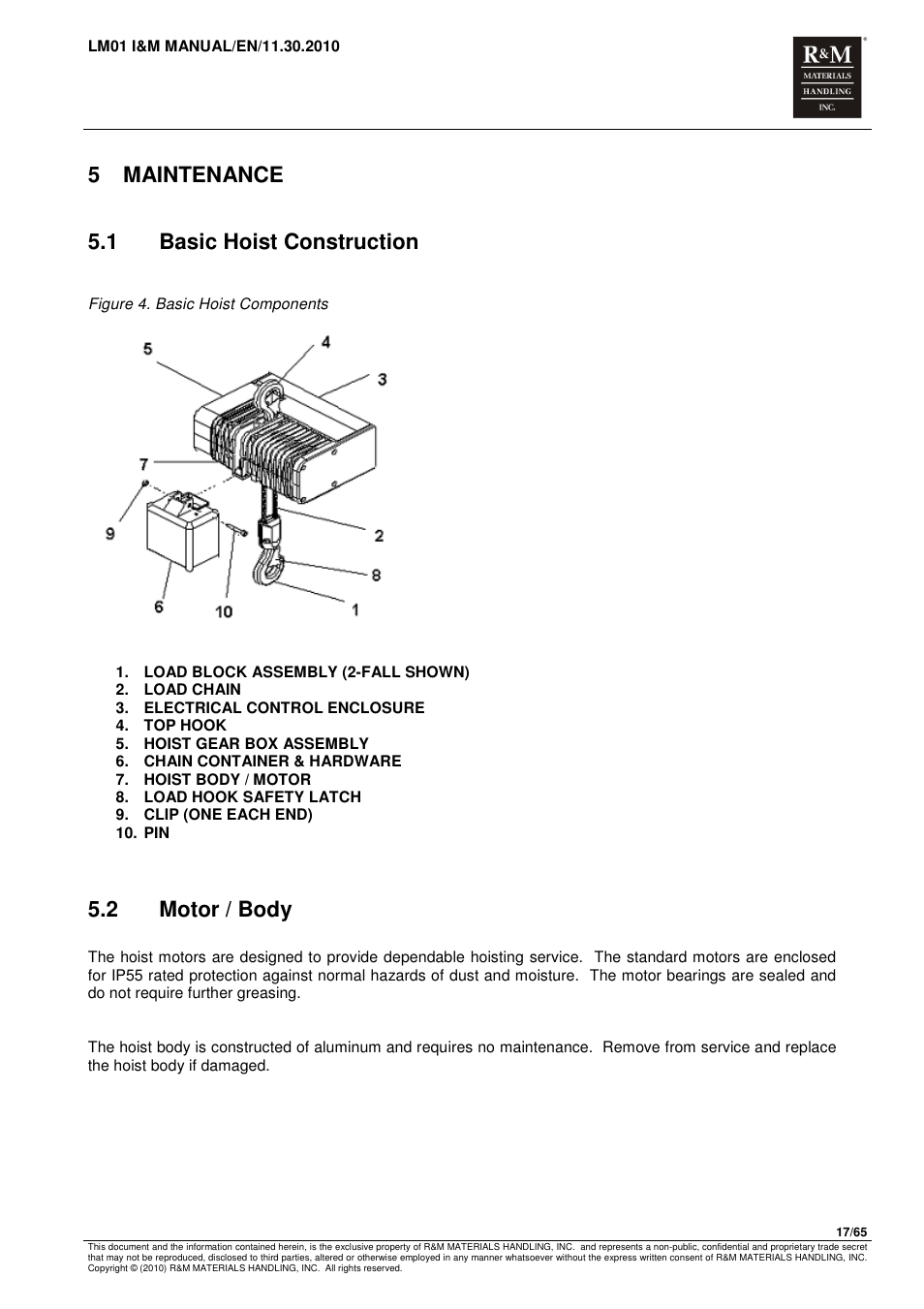 5 maintenance, 1 basic hoist construction, 2 motor / body | R&M Materials Handling ELECTRIC CHAIN HOISTS LoadMate Chain Hoist LM 1 User Manual | Page 17 / 65