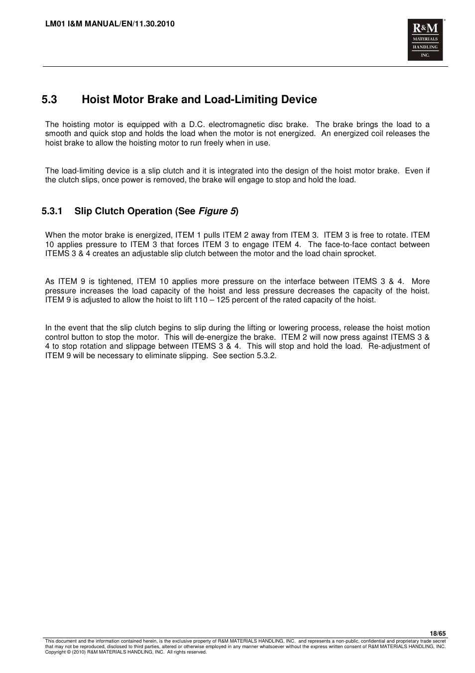 3 hoist motor brake and load-limiting device, 1 slip clutch operation (see figure 5 ) | R&M Materials Handling ELECTRIC CHAIN HOISTS LoadMate Chain Hoist LM 1 User Manual | Page 18 / 65