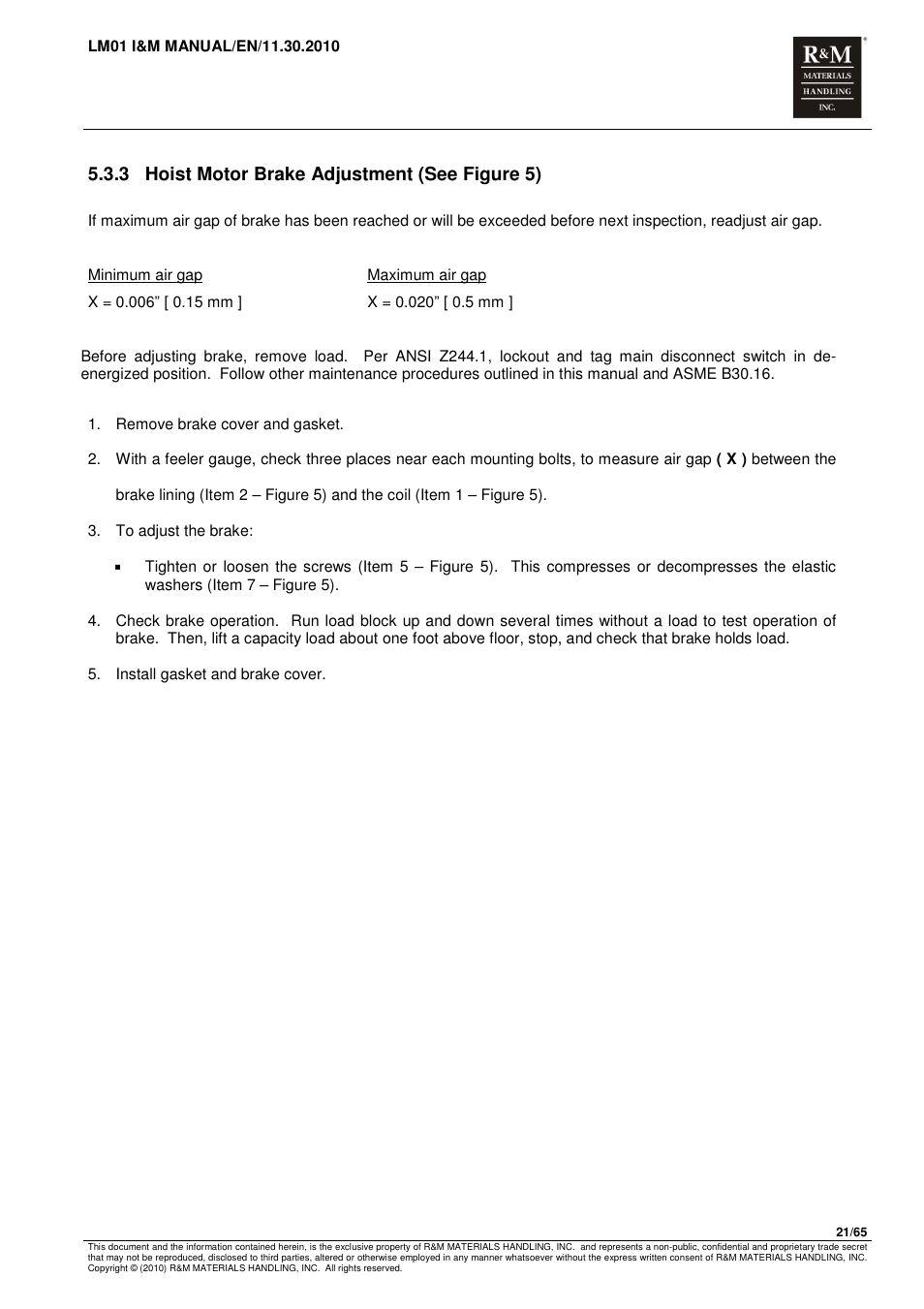 3 hoist motor brake adjustment (see figure 5) | R&M Materials Handling ELECTRIC CHAIN HOISTS LoadMate Chain Hoist LM 1 User Manual | Page 21 / 65