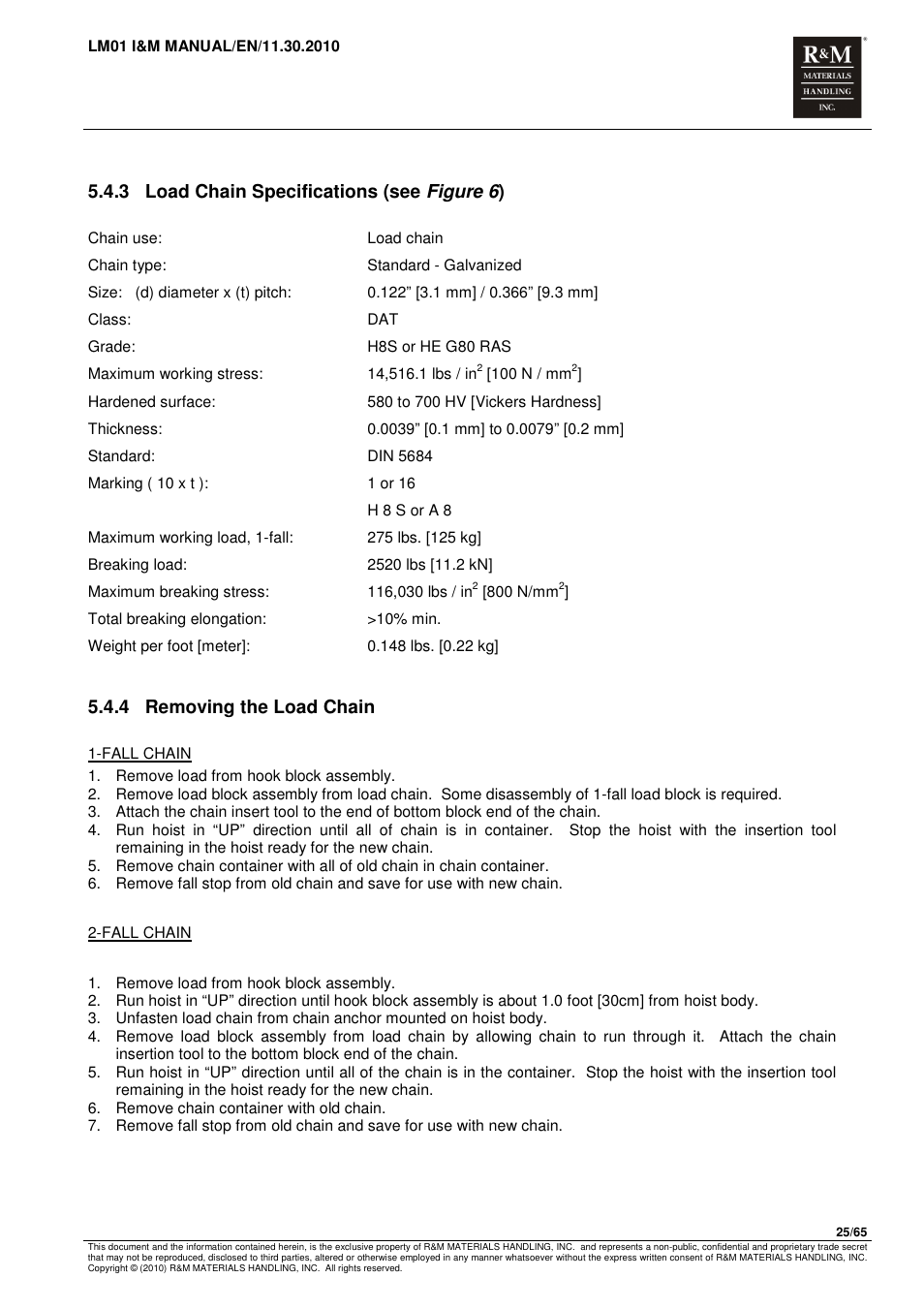3 load chain specifications (see figure 6 ), 4 removing the load chain | R&M Materials Handling ELECTRIC CHAIN HOISTS LoadMate Chain Hoist LM 1 User Manual | Page 25 / 65