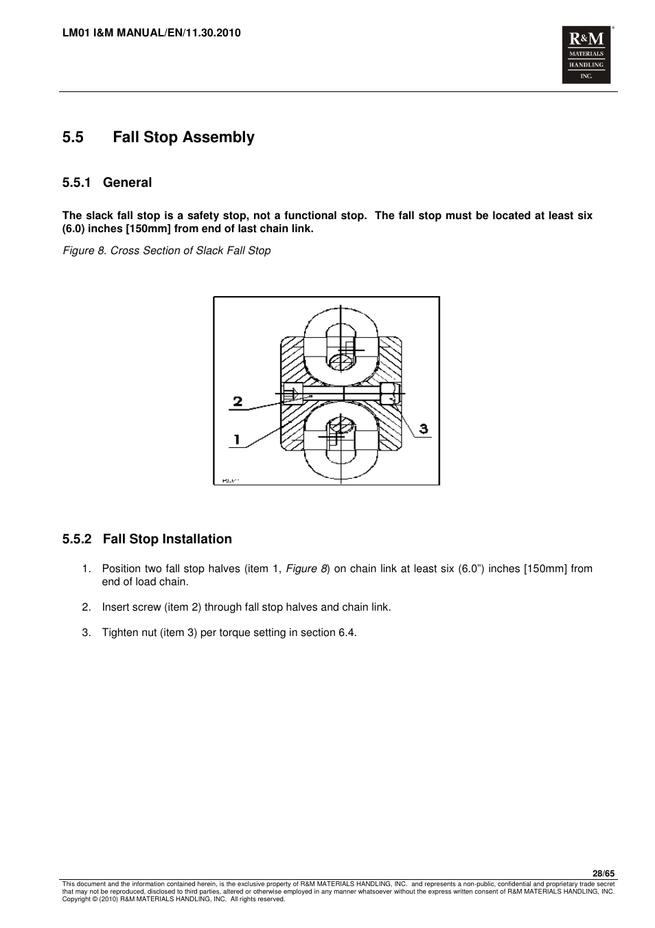 5 fall stop assembly, 1 general, 2 fall stop installation | R&M Materials Handling ELECTRIC CHAIN HOISTS LoadMate Chain Hoist LM 1 User Manual | Page 28 / 65