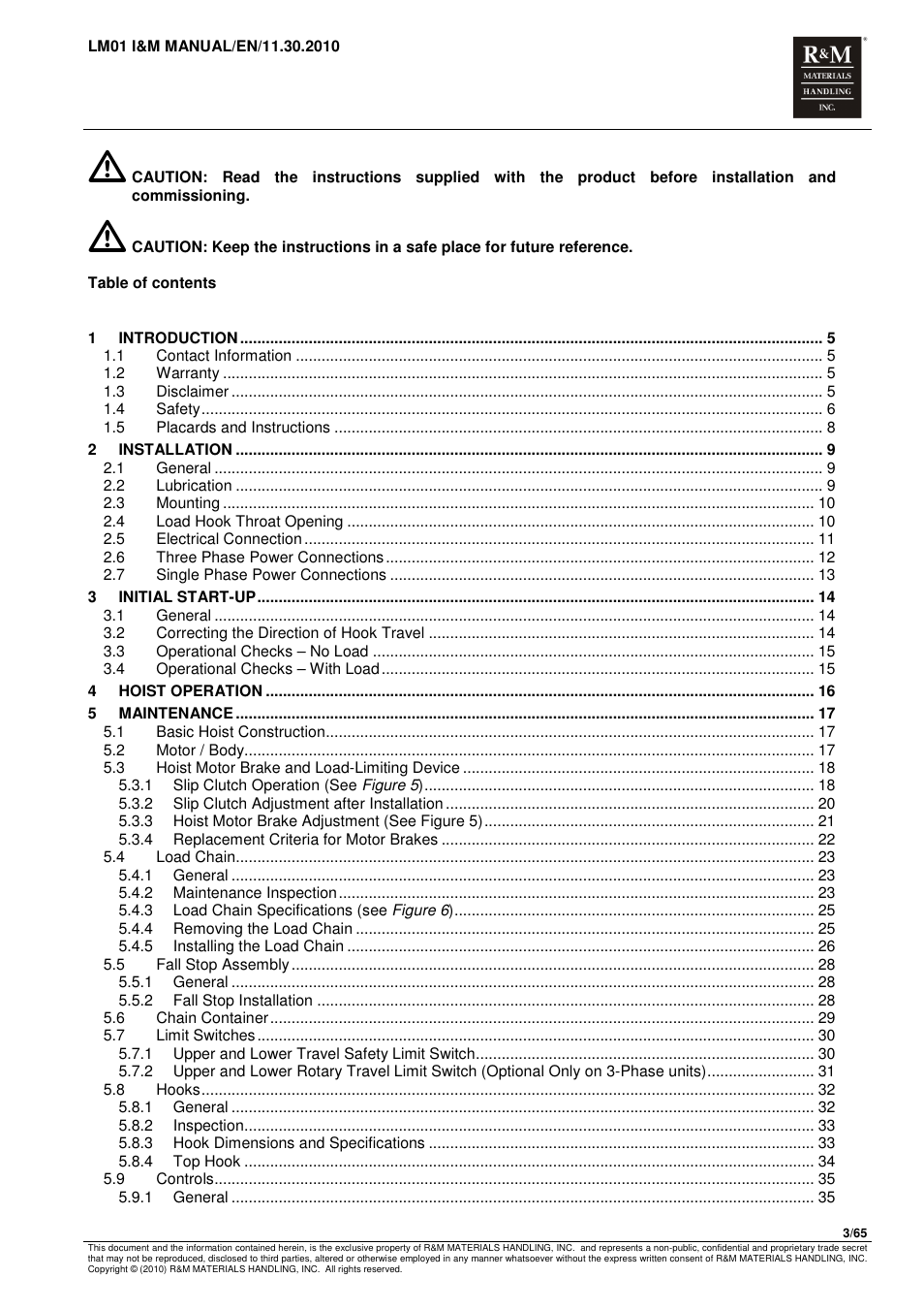 R&M Materials Handling ELECTRIC CHAIN HOISTS LoadMate Chain Hoist LM 1 User Manual | Page 3 / 65