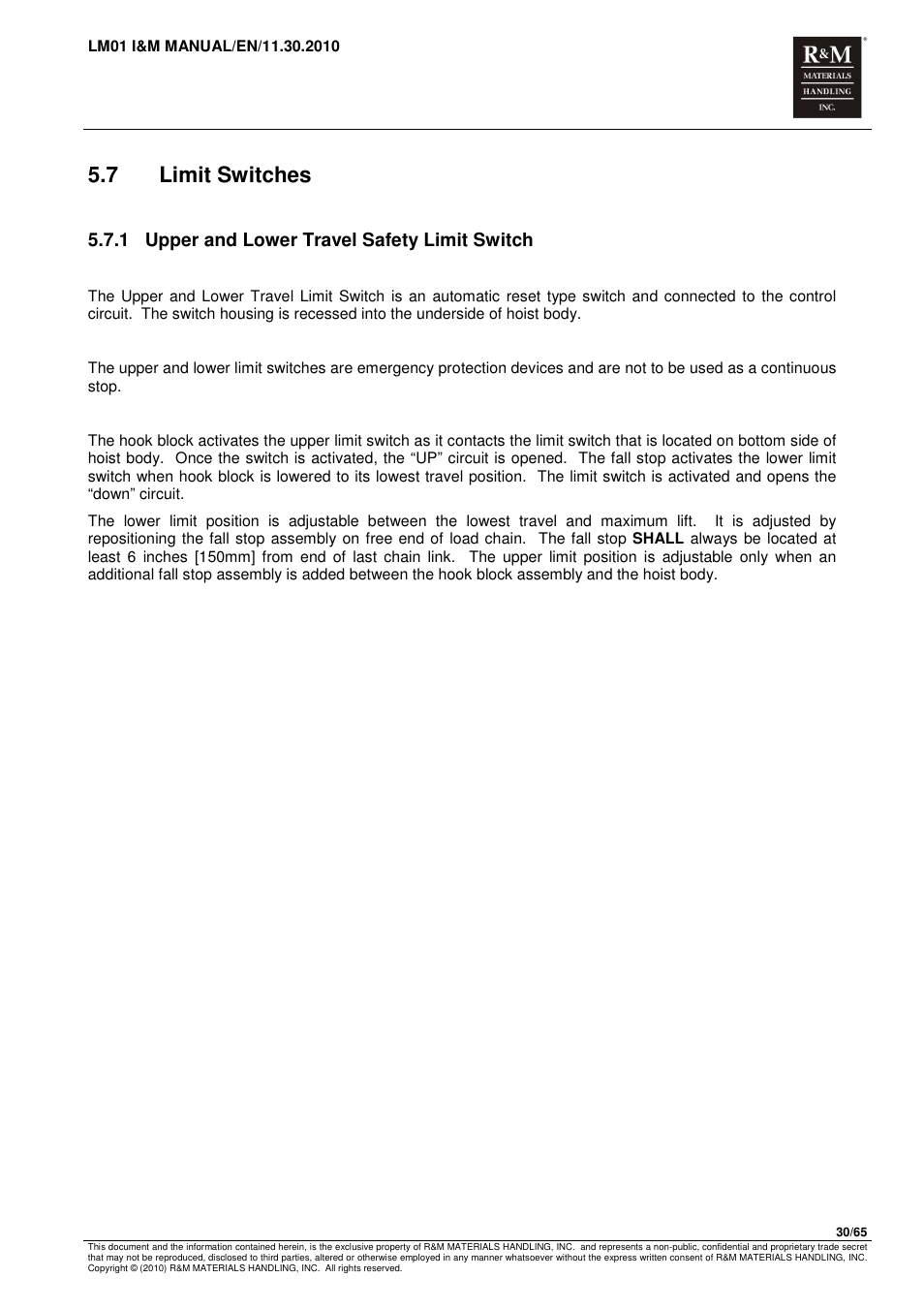 7 limit switches, 1 upper and lower travel safety limit switch | R&M Materials Handling ELECTRIC CHAIN HOISTS LoadMate Chain Hoist LM 1 User Manual | Page 30 / 65