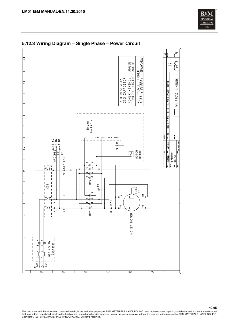 3 wiring diagram – single phase – power circuit | R&M Materials Handling ELECTRIC CHAIN HOISTS LoadMate Chain Hoist LM 1 User Manual | Page 40 / 65