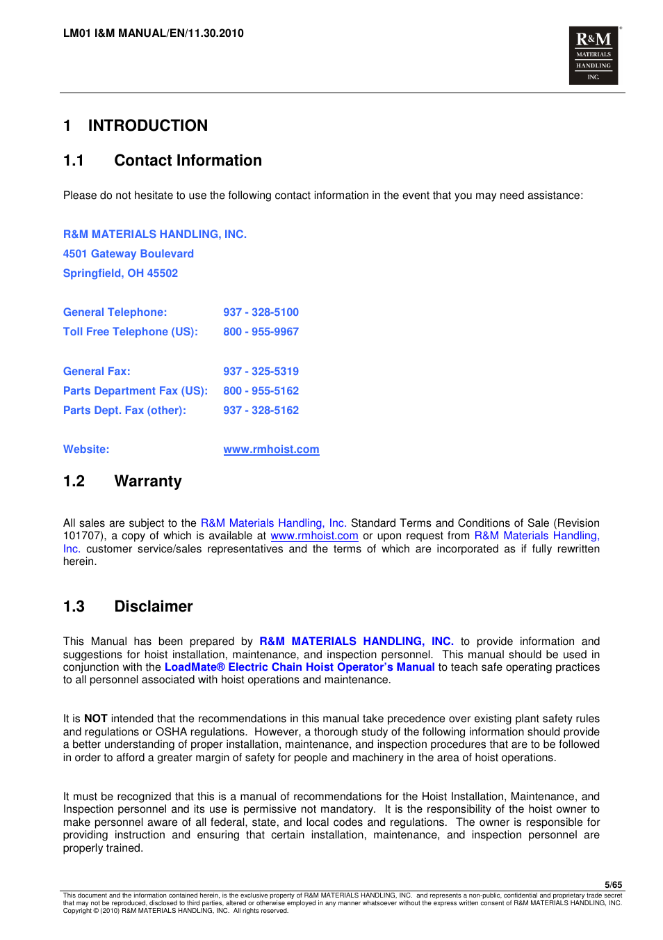 1 introduction 1.1 contact information, 2 warranty, 3 disclaimer | R&M Materials Handling ELECTRIC CHAIN HOISTS LoadMate Chain Hoist LM 1 User Manual | Page 5 / 65