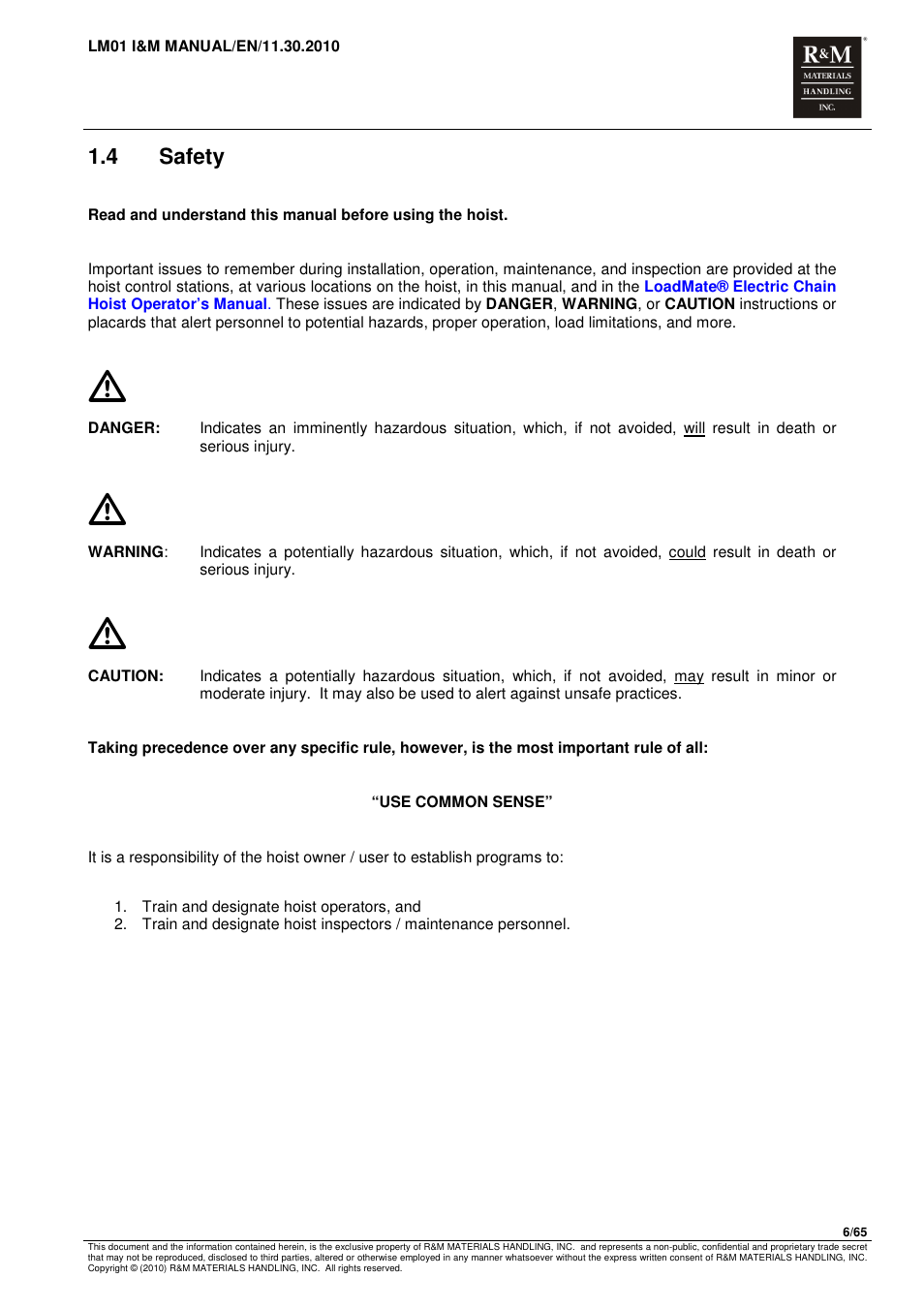 4 safety | R&M Materials Handling ELECTRIC CHAIN HOISTS LoadMate Chain Hoist LM 1 User Manual | Page 6 / 65