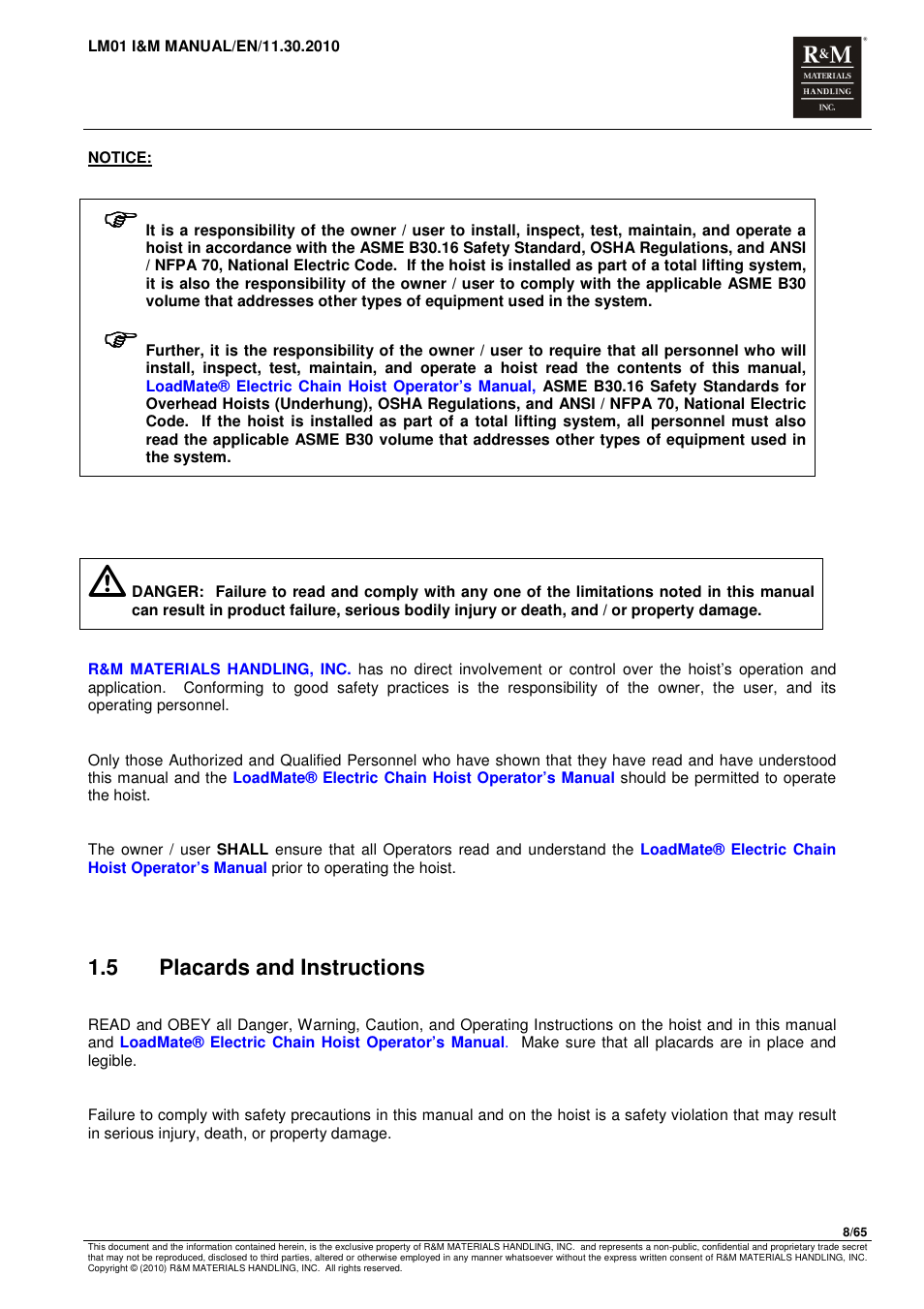 5 placards and instructions | R&M Materials Handling ELECTRIC CHAIN HOISTS LoadMate Chain Hoist LM 1 User Manual | Page 8 / 65
