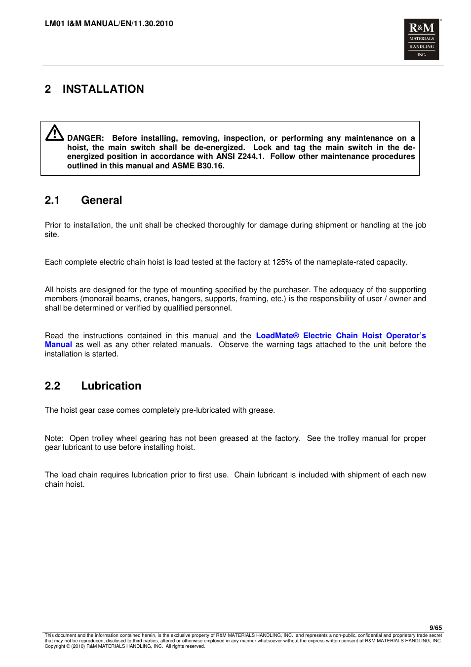 2 installation, 1 general, 2 lubrication | R&M Materials Handling ELECTRIC CHAIN HOISTS LoadMate Chain Hoist LM 1 User Manual | Page 9 / 65
