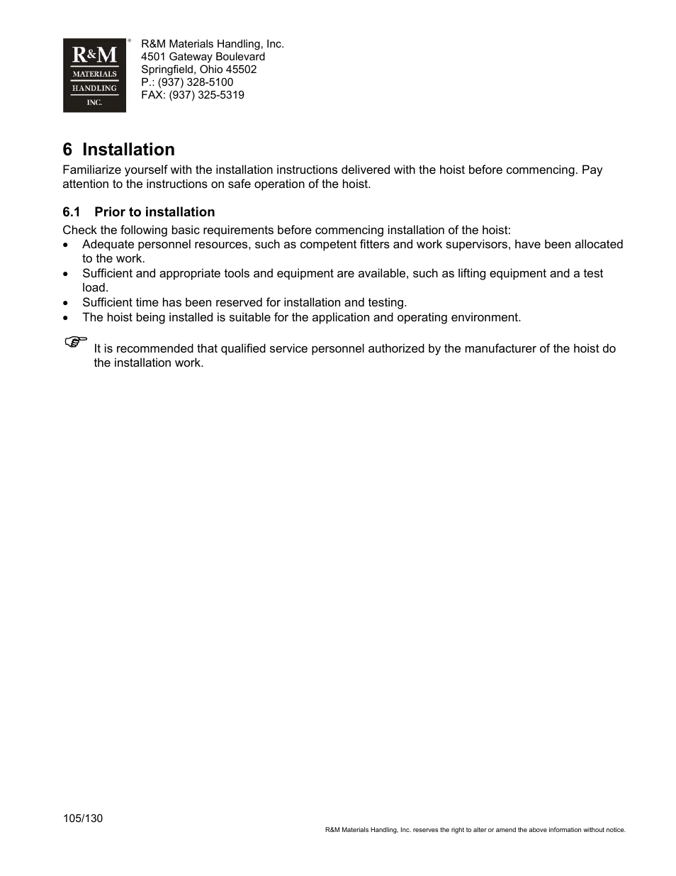 6 installation | R&M Materials Handling WIRE ROPE HOISTS Service User Manual | Page 105 / 130