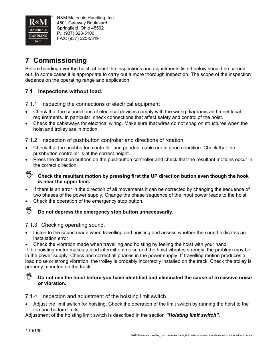 7 commissioning | R&M Materials Handling WIRE ROPE HOISTS Service User Manual | Page 119 / 130